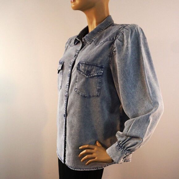 Rails Ada Blue Acid Wash Puff Shoulder Lyocell Linen Buttoned Chambray Shirt L - Picture 13 of 14